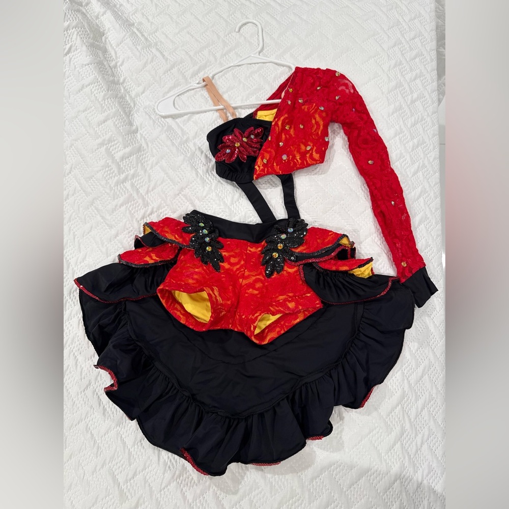 Jazz/latin laced, red, black, & yellow dance costume
